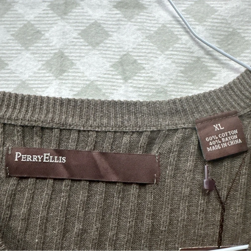 NEW Perry Ellis Sweater Mens XL Rye Heathered Cotton Ribbed V-Neck Pullover